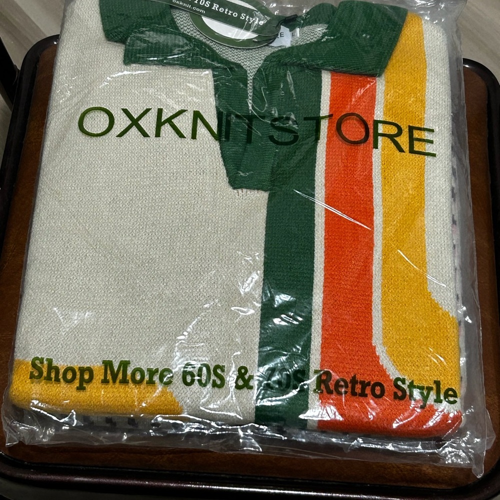 OXKNIT STORE Men's Retro Polo Shirt - Green, Yellow, and Cream